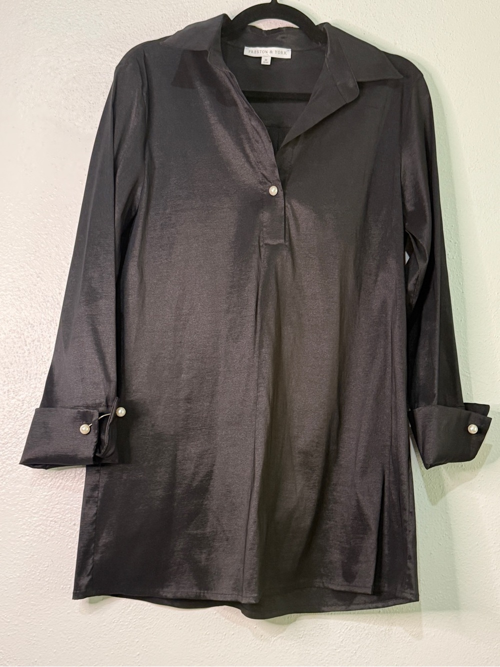 Preston & York Black Button-Accent Mini Dress with satin-like sheen. Sz M. - Picture 4 of 9